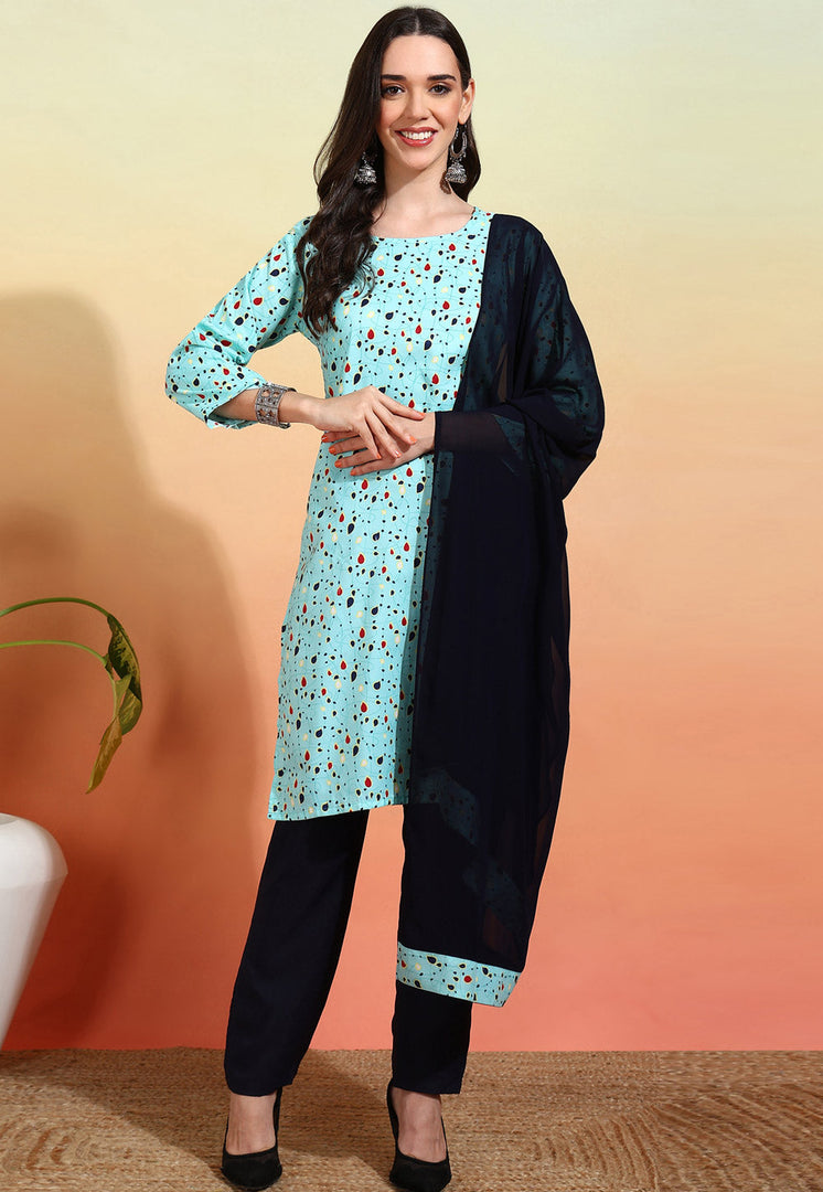 Sky Blue Crepe Readymade Pant Style Suit