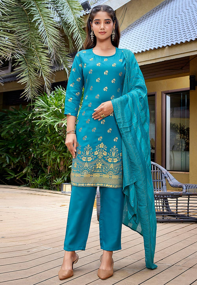 Sky Blue Crepe Readymade Pant Style Suit