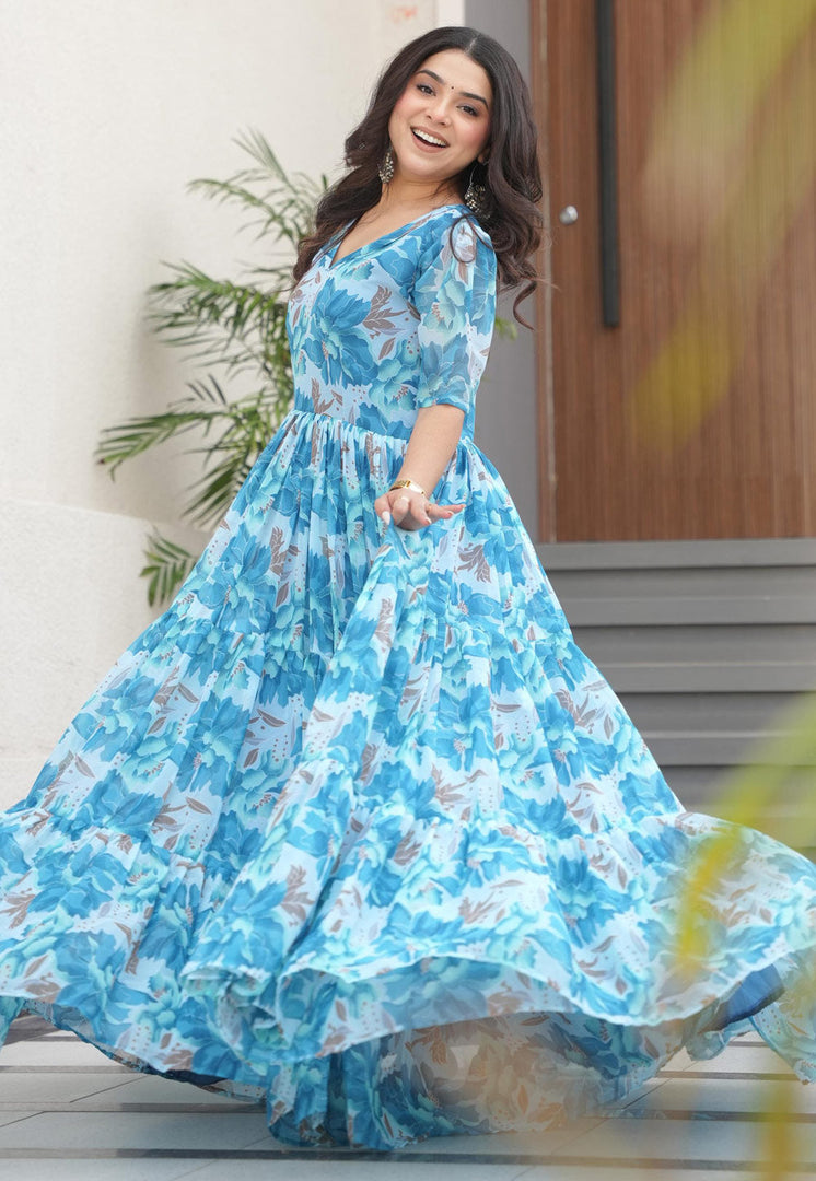 Sky Blue Faux Georgette Printed Gown