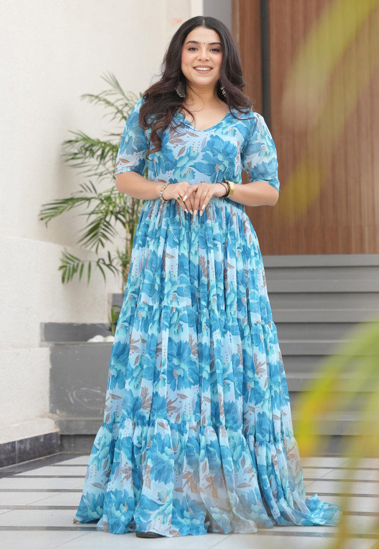 Sky Blue Faux Georgette Printed Gown
