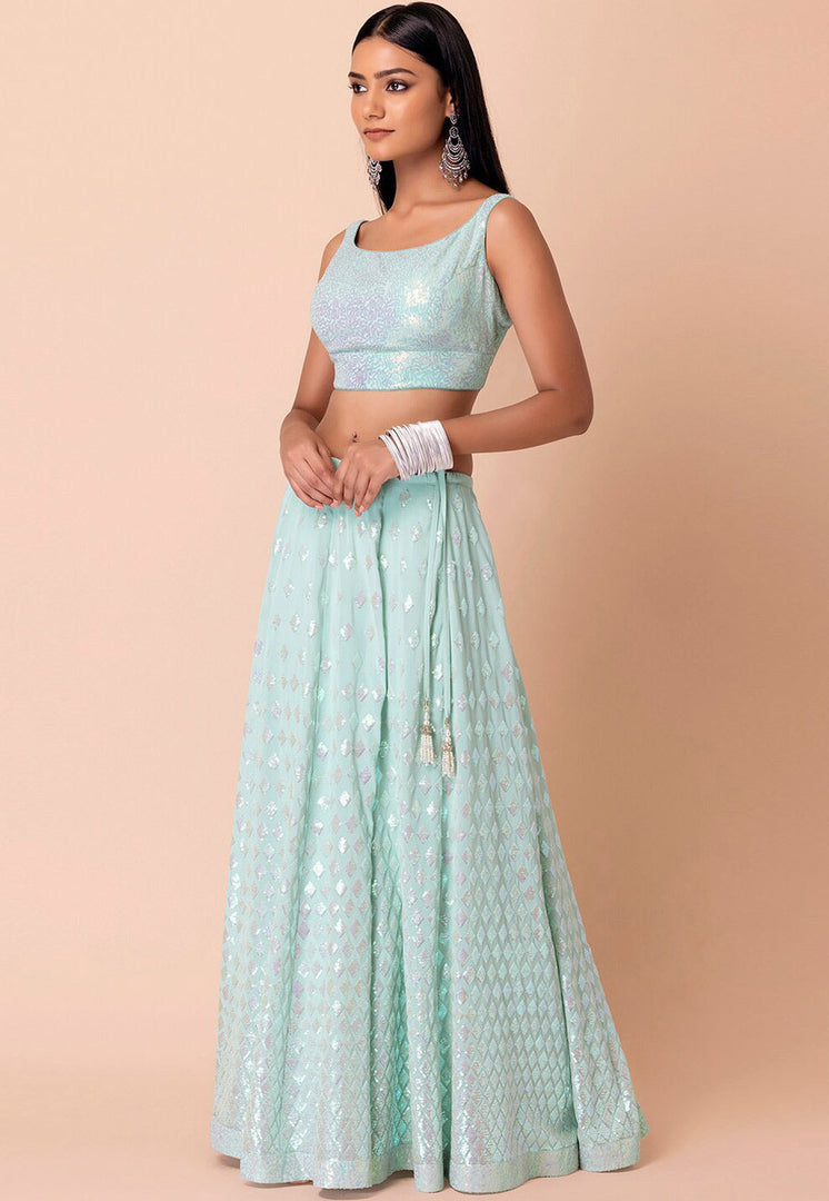 Sky Blue Georgette A Line Lehenga Choli
