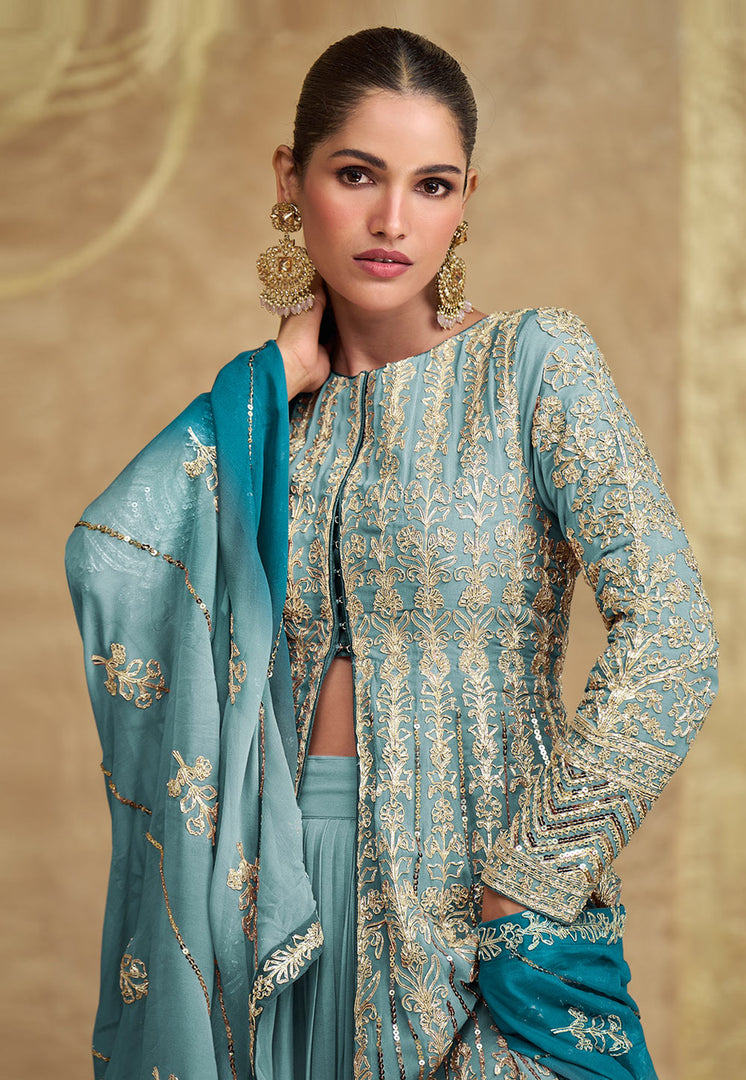 Sky Blue Georgette Long Choli Lehenga
