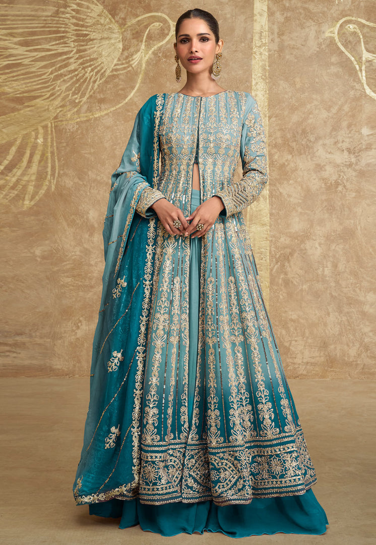 Sky Blue Georgette Long Choli Lehenga