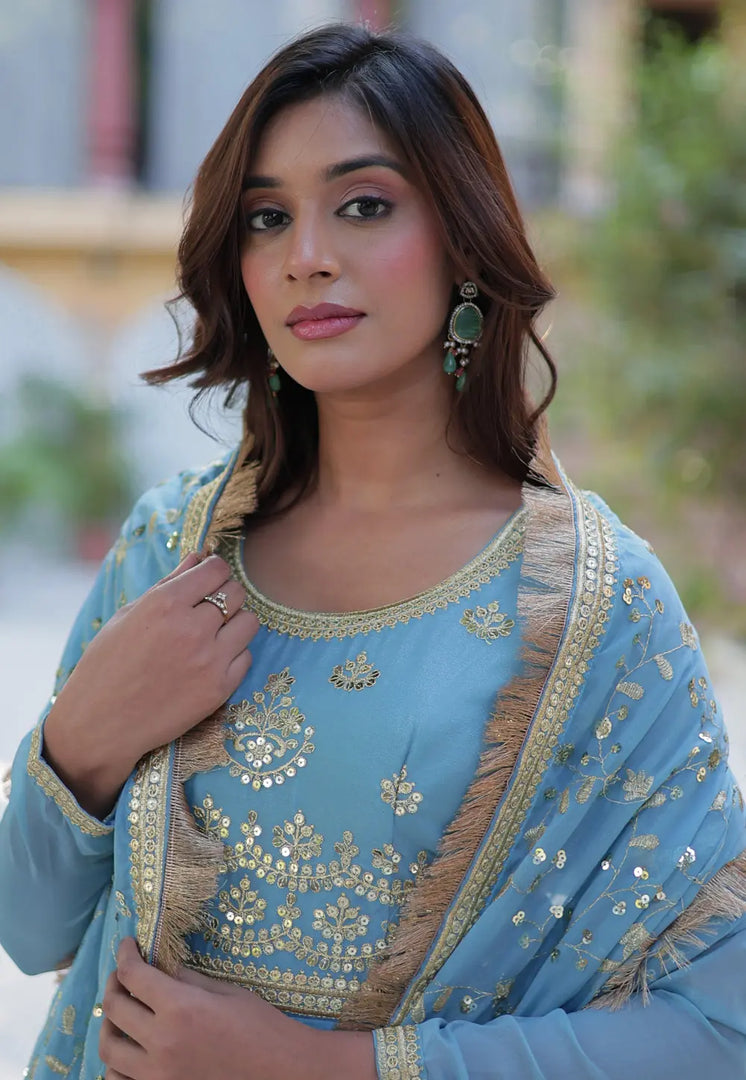 Sky Blue Georgette Readymade Long Anarkali Suit