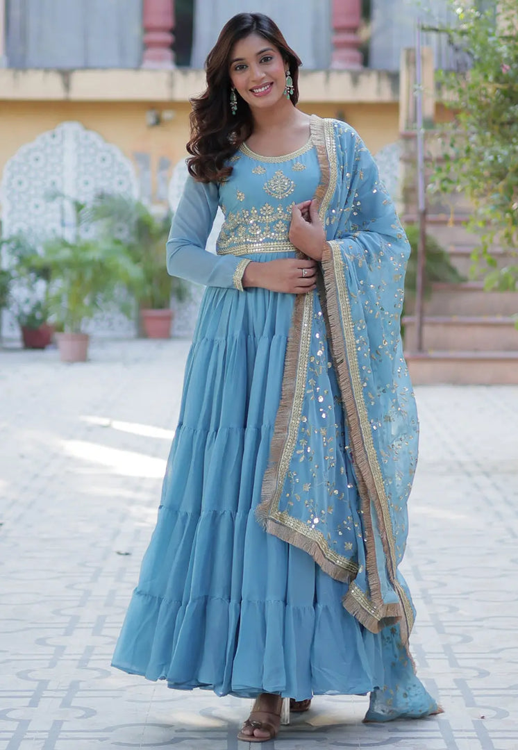Sky Blue Georgette Readymade Long Anarkali Suit