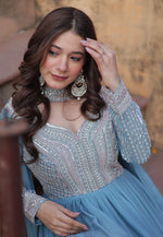 Load image into Gallery viewer, Sky Blue Georgette Readymade Long Anarkali Suit

