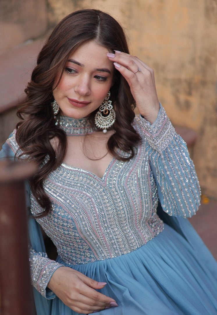 Sky Blue Georgette Readymade Long Anarkali Suit