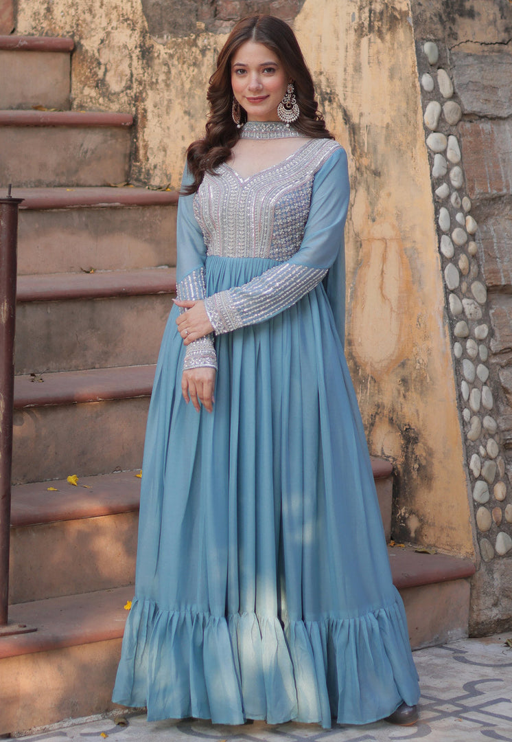 Sky Blue Georgette Readymade Long Anarkali Suit