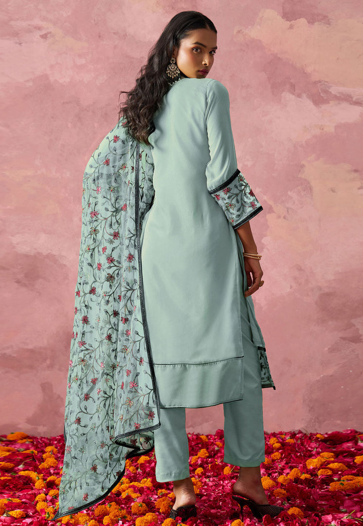 Sky Blue Georgette Readymade Pant Style Suit