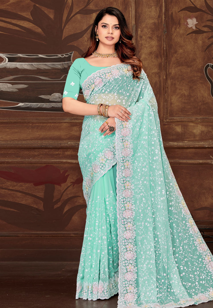 Sky Blue Georgette Saree With Blouse