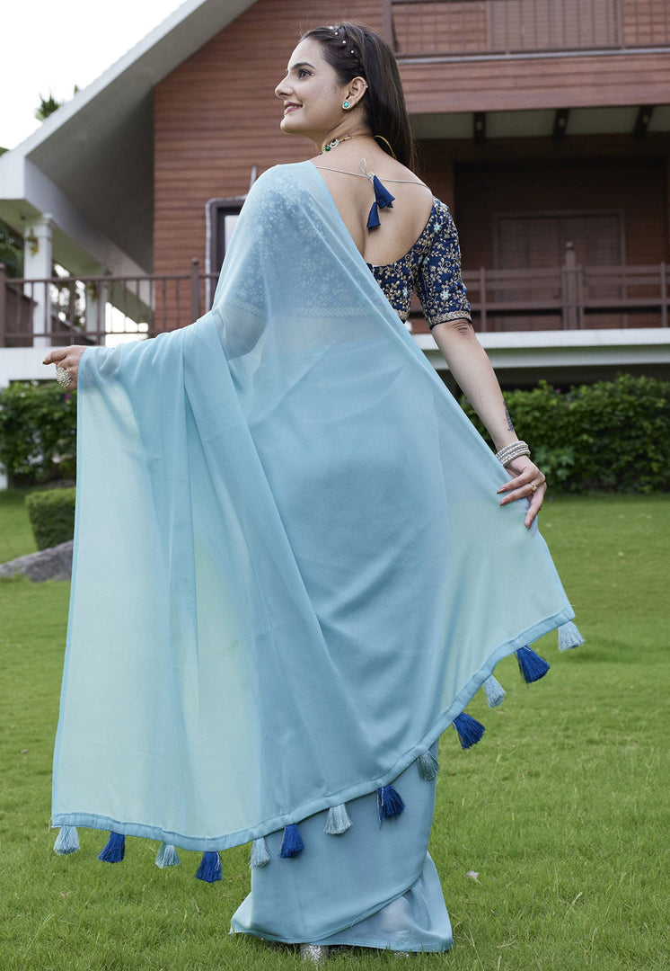 Sky Blue Georgette Saree With Blouse