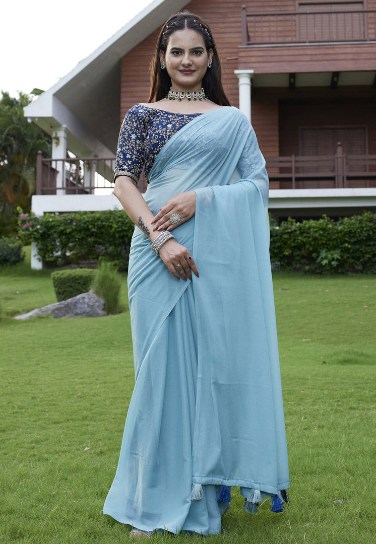 Sky Blue Georgette Saree With Blouse