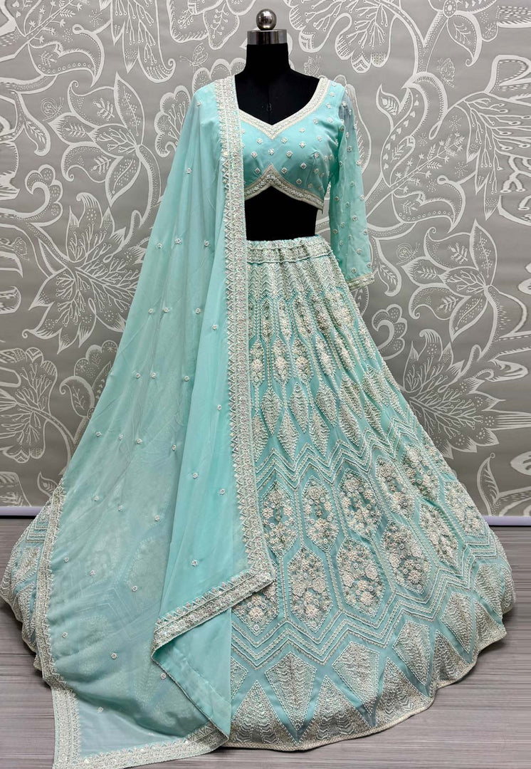 Sky Blue Georgette Wedding Lehenga Choli