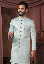 Load image into Gallery viewer, Sky Blue Jacquard Indo Western Sherwani
