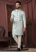 Load image into Gallery viewer, Sky Blue Jacquard Indo Western Sherwani
