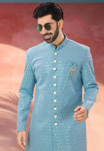 Load image into Gallery viewer, Sky Blue Jacquard Indo Western Sherwani
