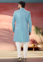Load image into Gallery viewer, Sky Blue Jacquard Indo Western Sherwani
