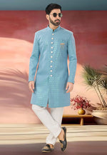 Load image into Gallery viewer, Sky Blue Jacquard Indo Western Sherwani
