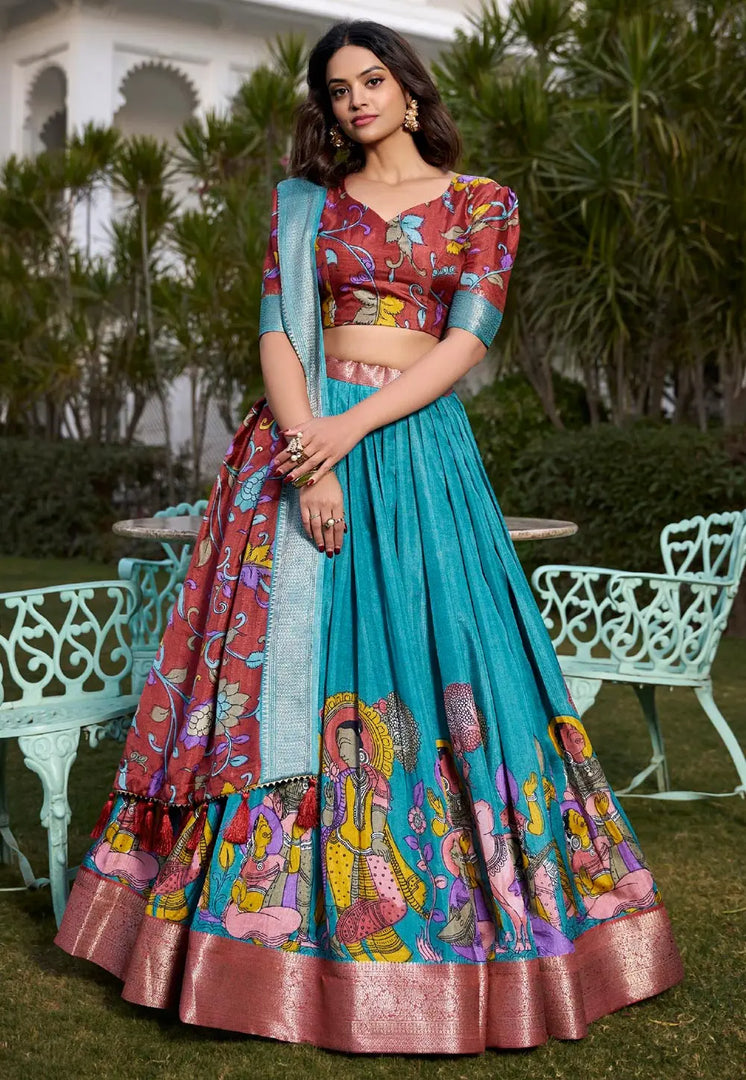 Sky Blue Jacquard Silk Circular Lehenga Choli