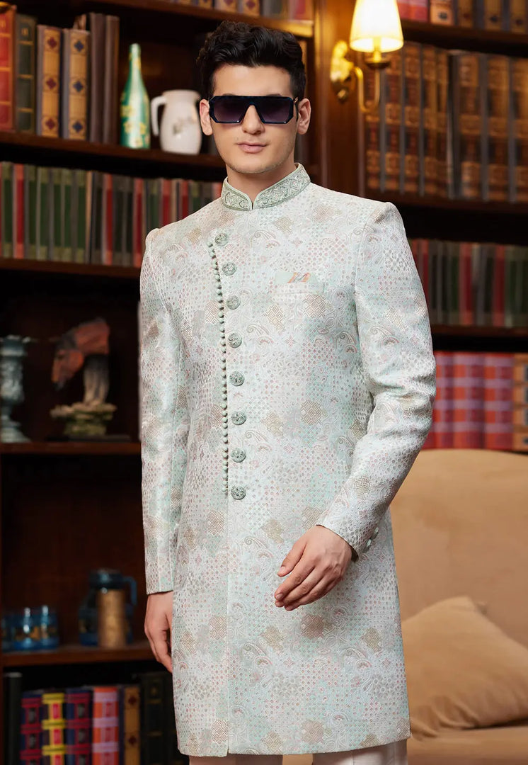 Sky Blue Jacquard Silk Indo Western Sherwani