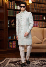 Load image into Gallery viewer, Sky Blue Jacquard Silk Indo Western Sherwani
