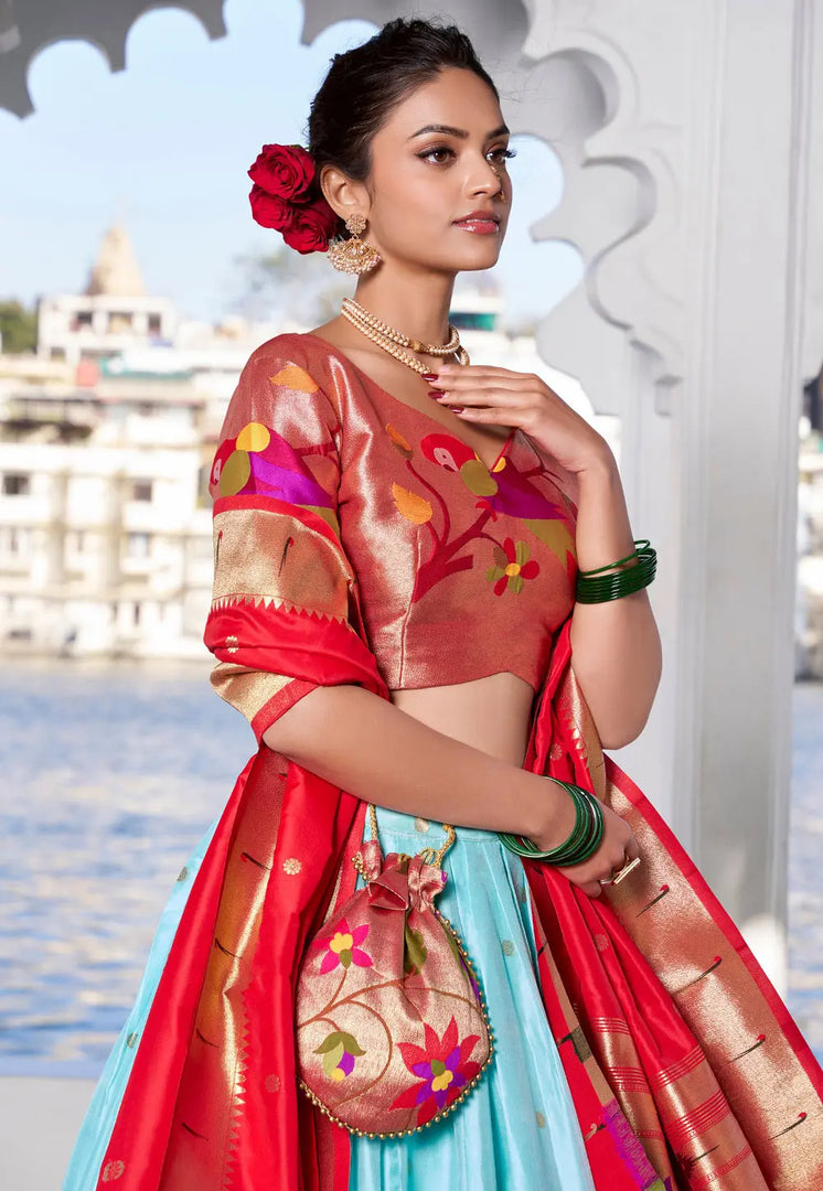 Sky Blue Jacquard Silk Lehenga Choli