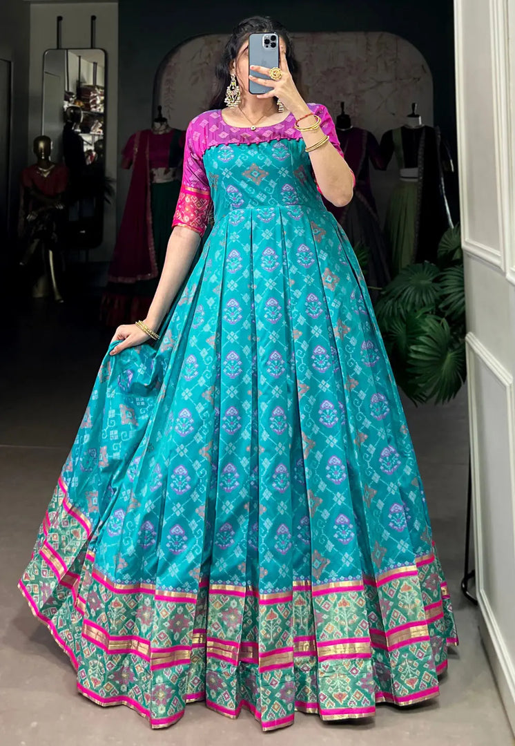 Sky Blue Jacquard Silk Printed Gown