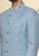 Load image into Gallery viewer, Sky Blue Jute Indo Western Sherwani
