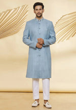Load image into Gallery viewer, Sky Blue Jute Indo Western Sherwani
