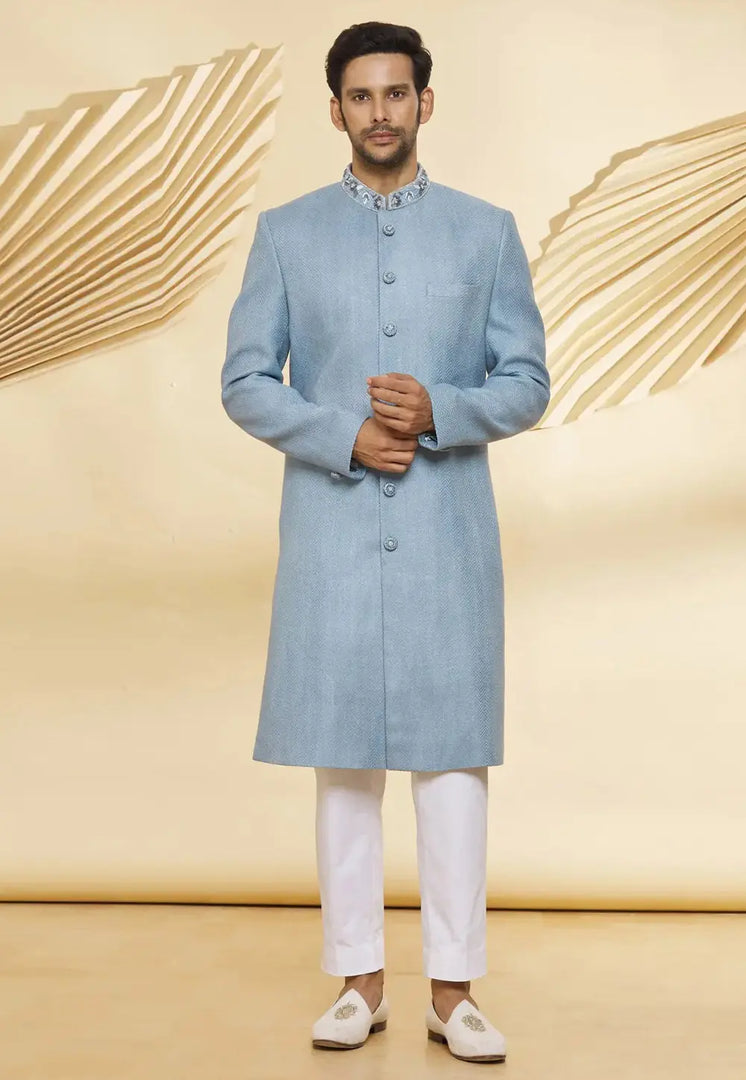 Sky Blue Jute Indo Western Sherwani