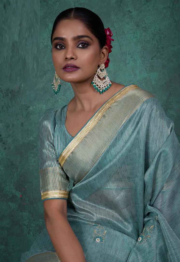 Sky Blue Linen Saree With Blouse