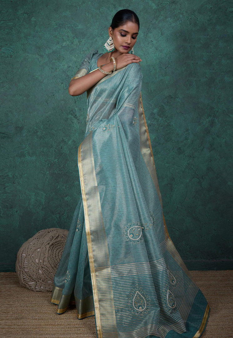 Sky Blue Linen Saree With Blouse