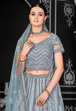 Load image into Gallery viewer, Sky Blue Net A Line Lehenga Choli
