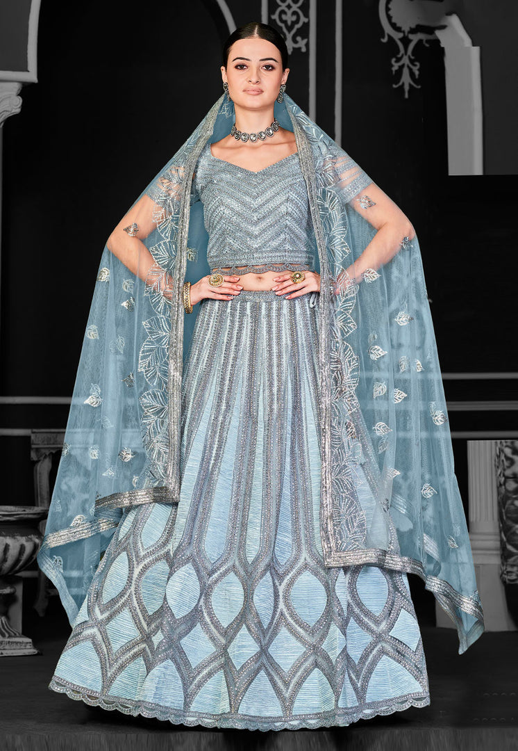 Sky Blue Net A Line Lehenga Choli