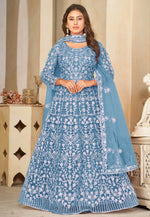 Load image into Gallery viewer, Sky Blue Net Embroidered Anarkali Suit

