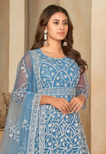 Load image into Gallery viewer, Sky Blue Net Embroidered Anarkali Suit
