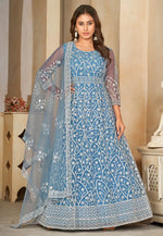 Load image into Gallery viewer, Sky Blue Net Embroidered Anarkali Suit
