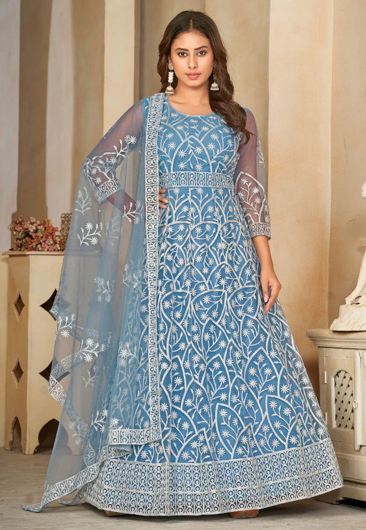 Sky Blue Net Embroidered Anarkali Suit