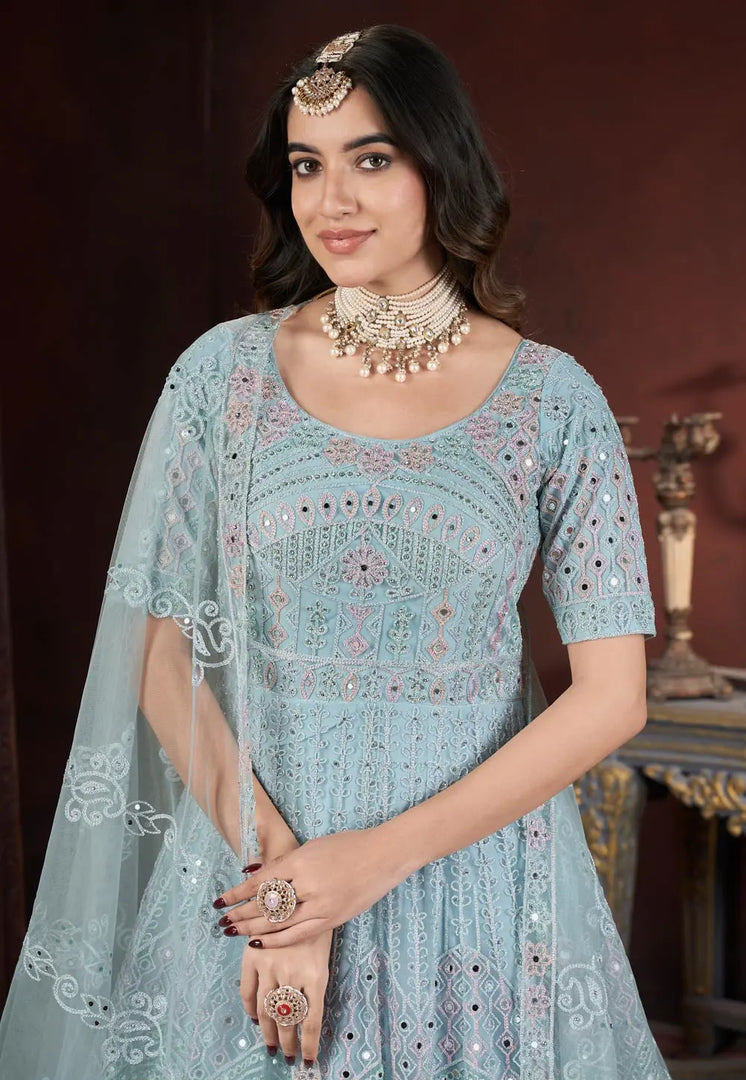 Sky Blue Net Embroidered Readymade Anarkali Suit