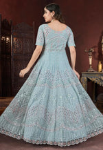 Load image into Gallery viewer, Sky Blue Net Embroidered Readymade Anarkali Suit
