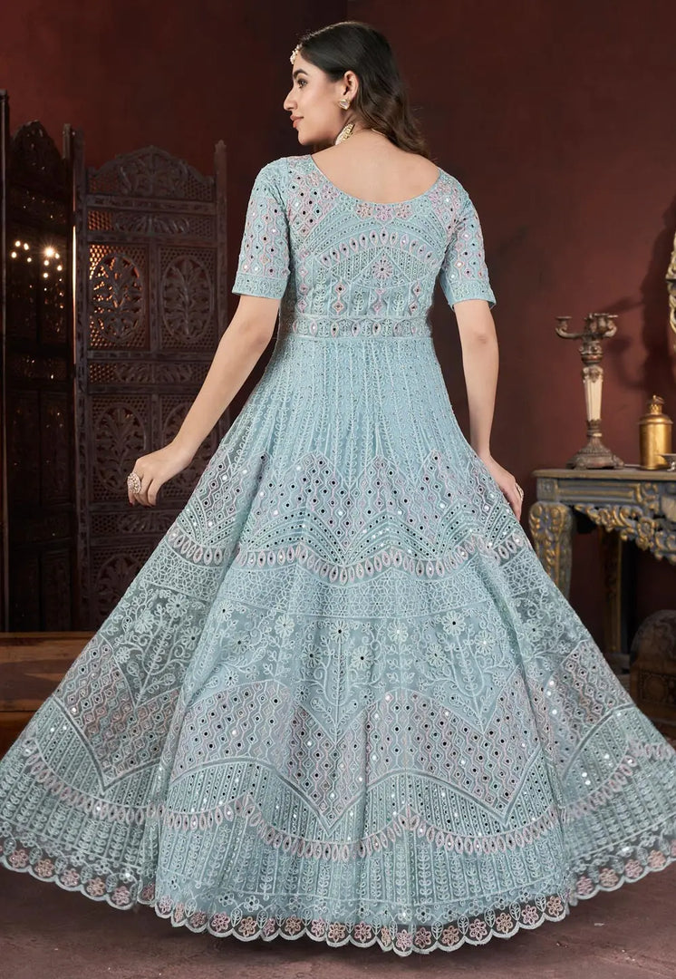 Sky Blue Net Embroidered Readymade Anarkali Suit