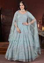 Load image into Gallery viewer, Sky Blue Net Embroidered Readymade Anarkali Suit
