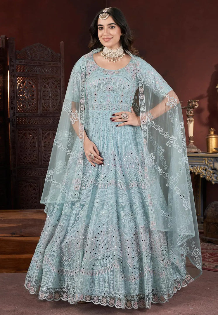 Sky Blue Net Embroidered Readymade Anarkali Suit