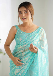 Sky Blue Net Saree With Blouse