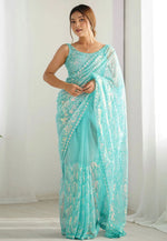 Load image into Gallery viewer, Sky Blue Net Saree With Blouse
