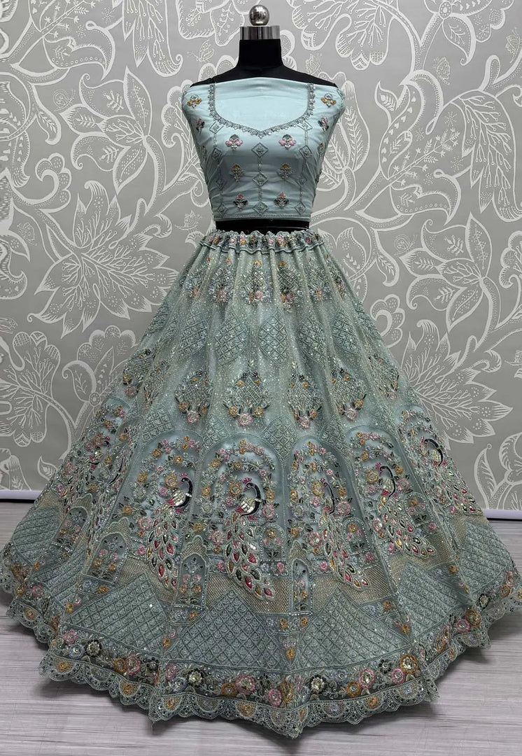 Sky Blue Net Wedding Lehenga Choli