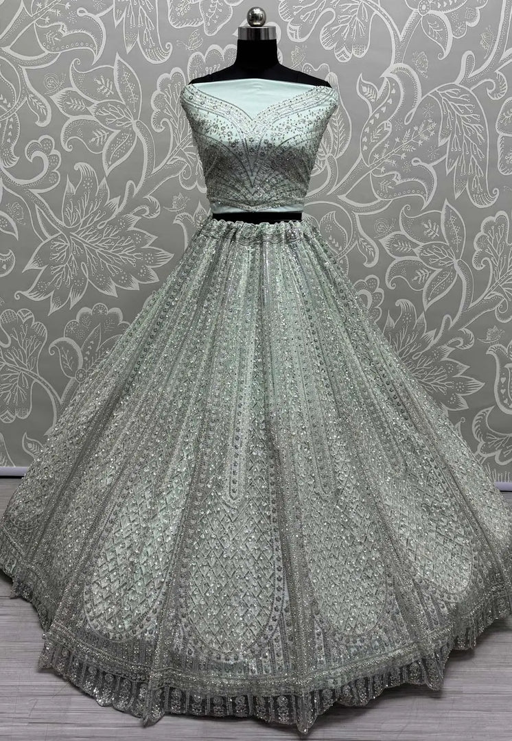 Sky Blue Net Wedding Lehenga Choli