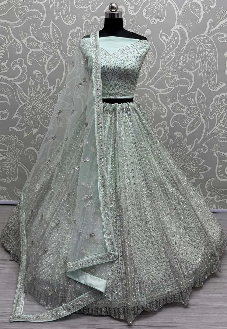 Sky Blue Net Wedding Lehenga Choli