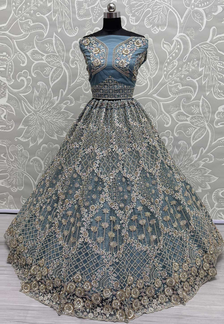Sky Blue Net Wedding Lehenga Choli