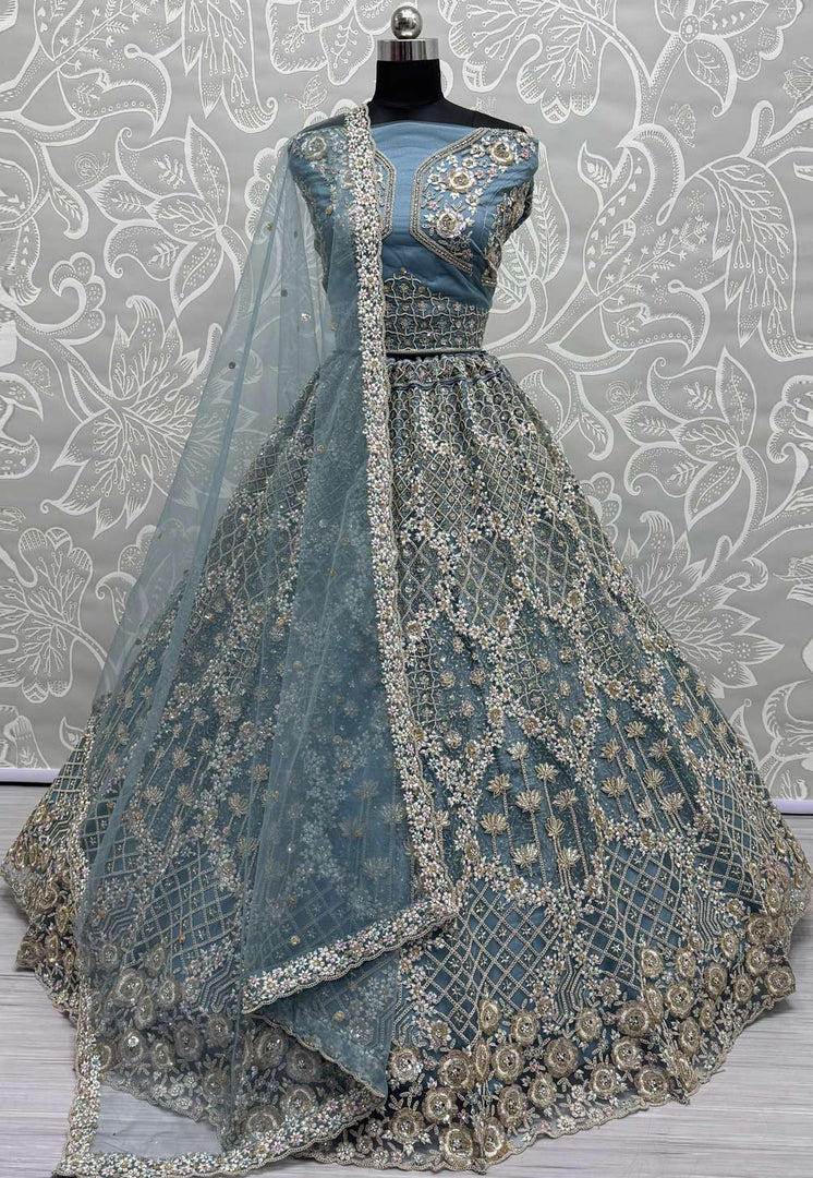 Sky Blue Net Wedding Lehenga Choli